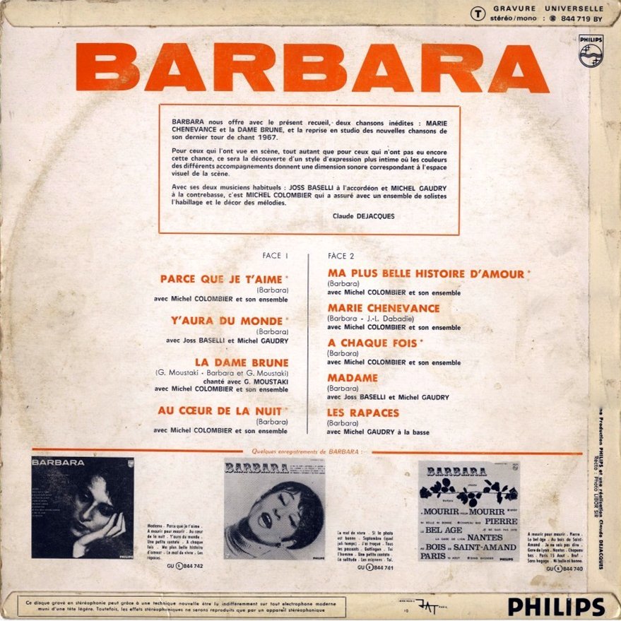 pochette du disque vinyle barbara 1967 verso