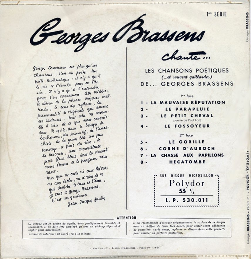 pochette du disque vinyle brassens le gorille verso
