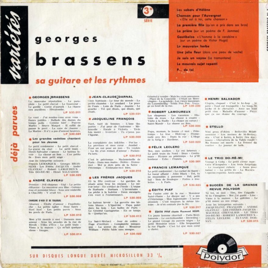 pochette du disque vinyle brassens volume 3 verso