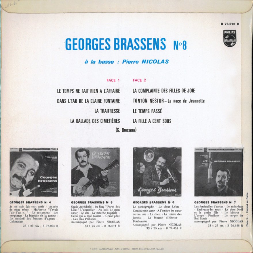 pochette du disque vinyle brassens volume 8 verso