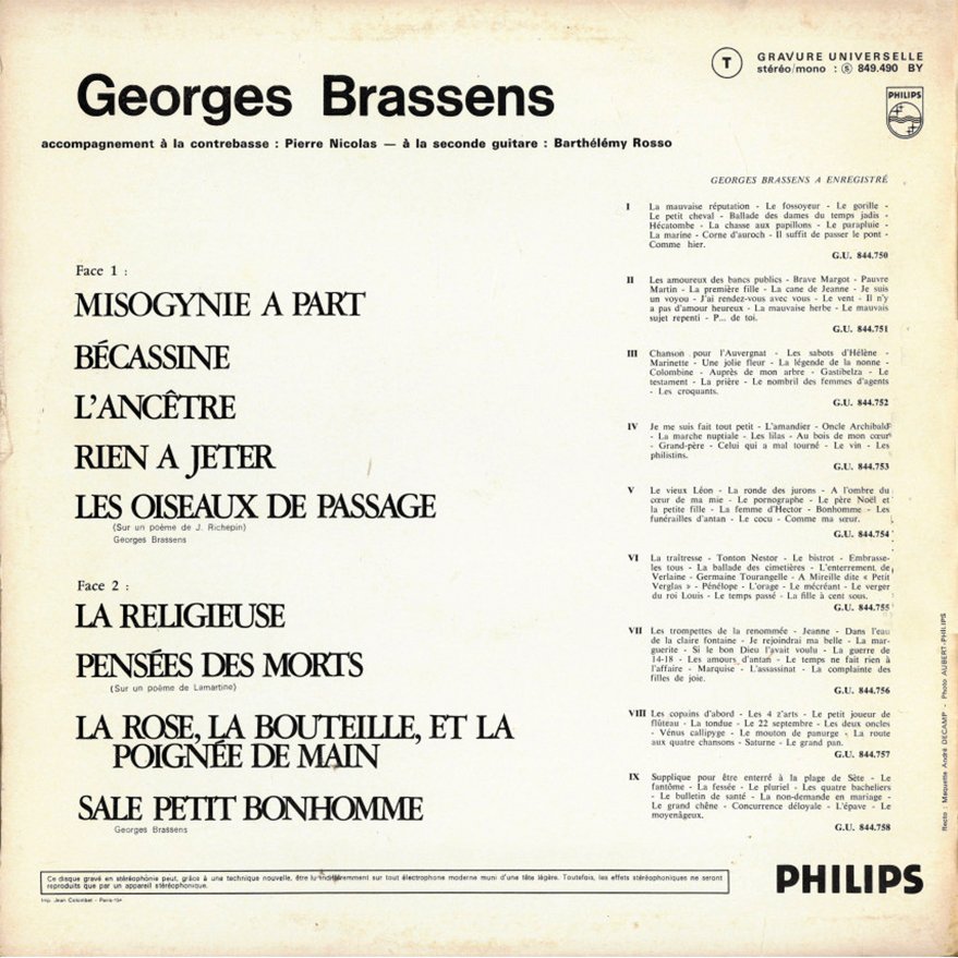 pochette du disque vinyle brassens volume 12 verso