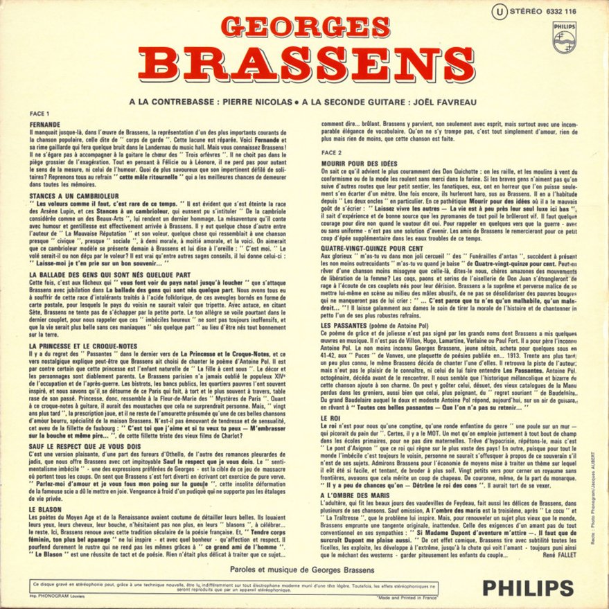 pochette du disque vinyle brassens volume 13 verso